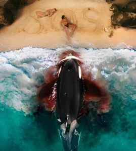 Cover image for the creature feature horror movie Killer Whale (2026) featuring overhead view of a killer whale surfacing toward a sandy beach where two people lie on the shore, with turquoise water churning below and dark red water trailing behind the whale.