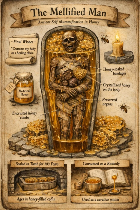 Illustrated diagram of a mellified man showing a human body preserved in honey inside a sarcophagus, with labeled stages explaining the ancient honey mummification process.