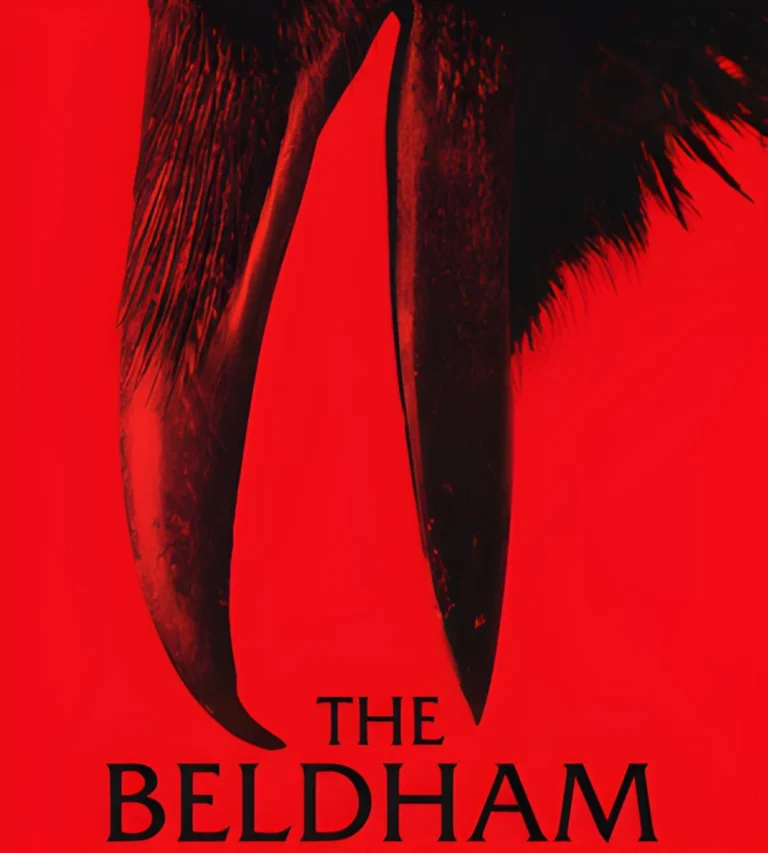 Official movie poster for The Beldham (2024) featuring a close-up of a sharp, dark bird's beak against a stark red background.