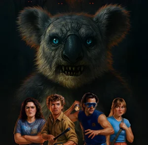 Official poster for the Tubi horror movie Dropbear (2025), featuring a giant, monstrous koala with glowing blue eyes and sharp teeth looming over a group of four terrified survivors in the Australian outback.