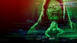 Promotional poster for Evidence of the Boogeyman (2025) featuring a woman in a black tank top standing in front of a giant, distorted, hooded figure. The image has a green-tinted digital glitch effect and a "PLAY" icon, mimicking a VHS recording.