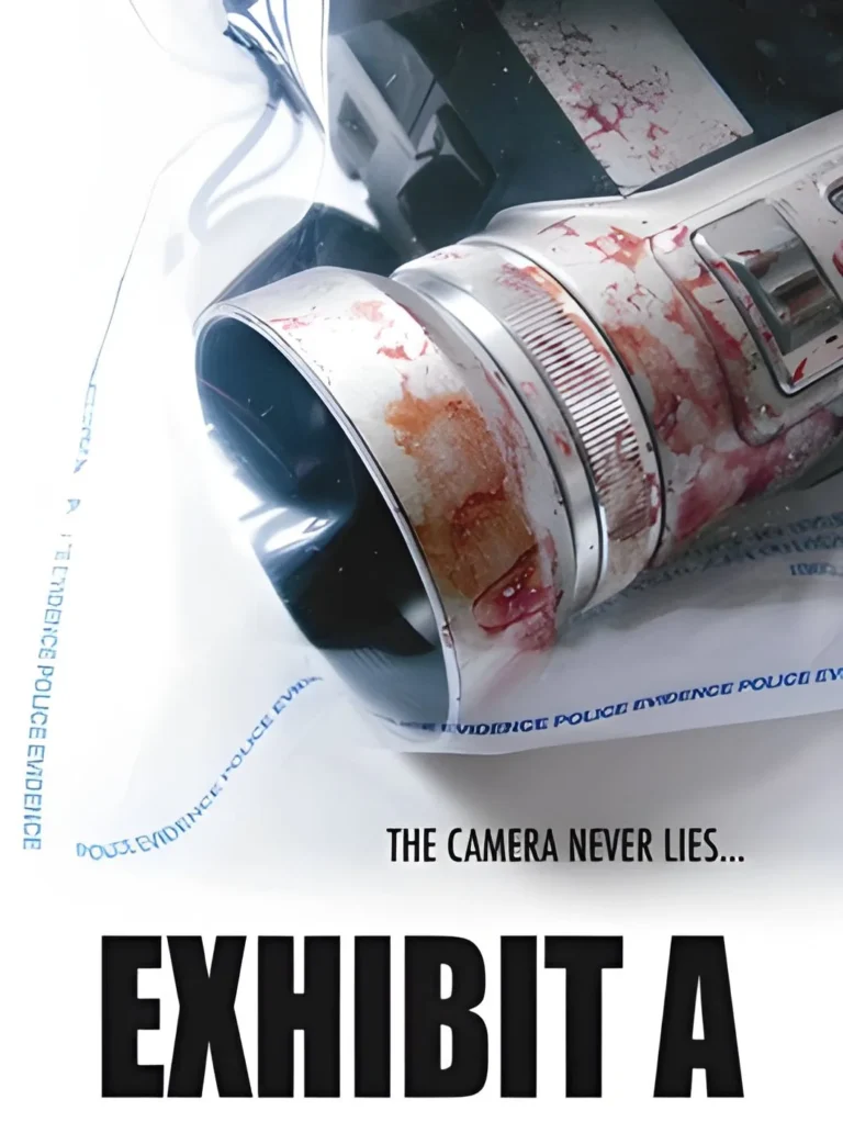 Official movie poster for the found footage horror film Exhibit A (2007), showing a blood-splattered digital camcorder inside a plastic police evidence bag with the tagline "The camera never lies."