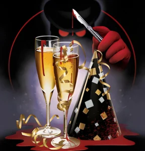 New Fears Eve (2025) movie poster showing bloody champagne glasses, a party hat, and a killer in the shadows holding a blood-dripping scalpel