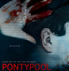 Movie poster featuring a stylized ear and jawbone graphic over a dark blue background with the title in red, relevant to the Pontypool (2008) Ending Explained article.