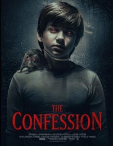 Official movie poster for The Confession (2025) featuring a young boy with glowing red eyes and a rat on his shoulder.