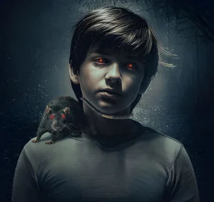 Movie poster for The Confession (2025) featuring the character Dylan with glowing red eyes and a rat on his shoulder in a dark forest.