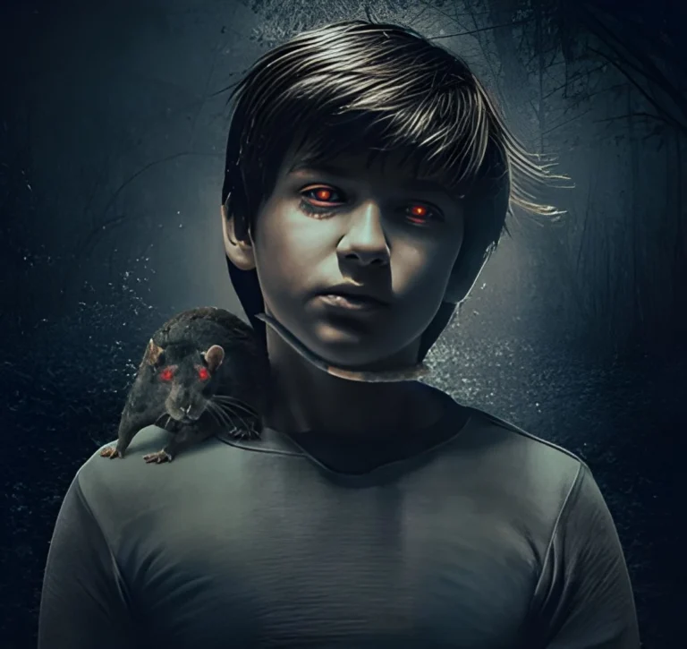Movie poster for The Confession (2025) featuring the character Dylan with glowing red eyes and a rat on his shoulder in a dark forest.
