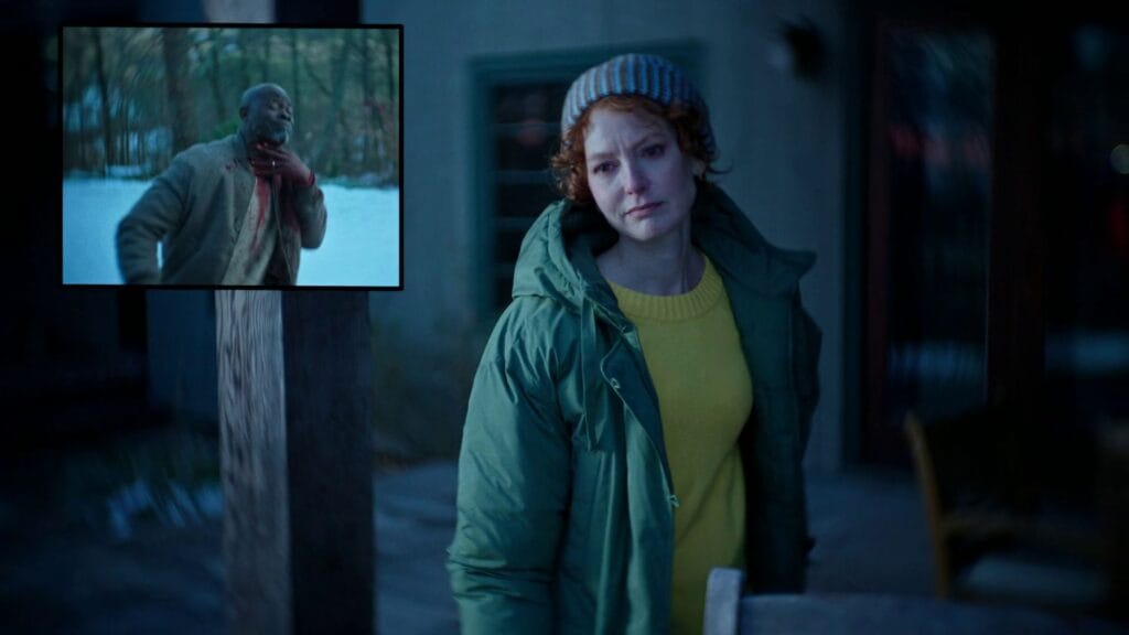 The final scene of Twisted (2026) featuring Rebecca, Dr. Kezian’s wife, looking distraught after being possessed by Paloma; an inset image shows the fate of Dr. Kezian.