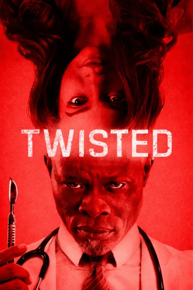 The movie poster for Twisted (2026) features a striking red-monochrome design with Dr. Kezian in the bottom half, holding a scalpel and wearing a stethoscope, while an upside-down image of a woman's face blends into his at the top. The title "TWISTED" is centered in bold, white, distressed lettering.