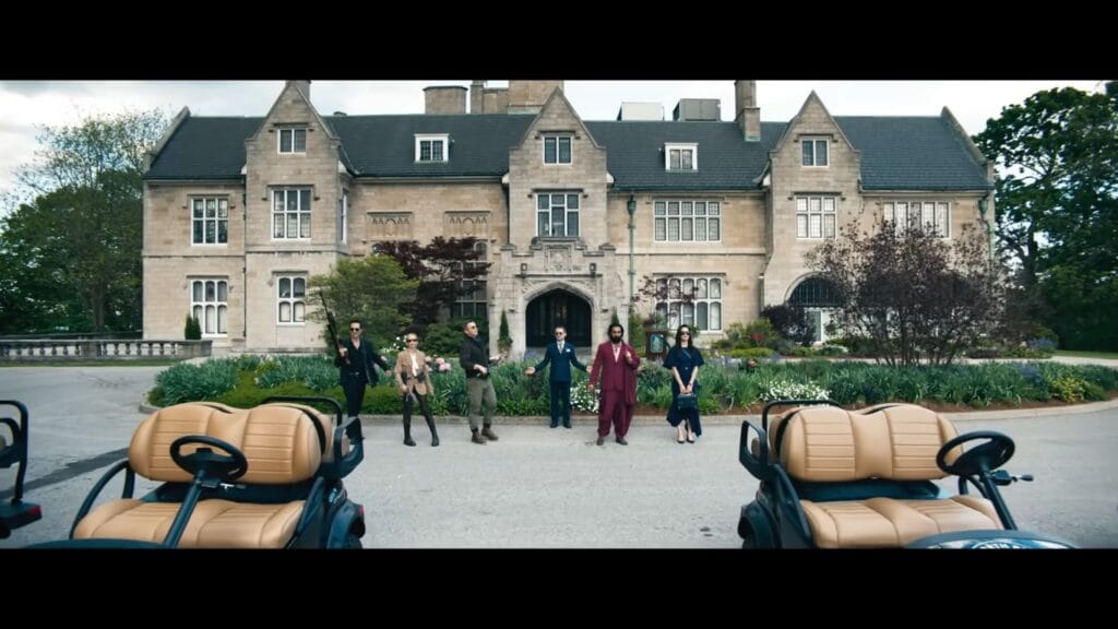 A wide shot of the massive stone mansion estate where the deadly game takes place in Ready or Not 2: Here I Come (2026).