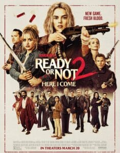 Official poster for Ready or Not 2: Here I Come featuring Samara Weaving with a shotgun and the tagline "New Game. Fresh Blood." used for the ending explained summary.