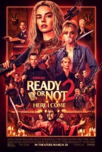 Official movie poster for Ready or Not 2: Here I Come (2026) featuring Samara Weaving, Kathryn Newton, and Elijah Wood with the tagline "New Game. Fresh Blood."