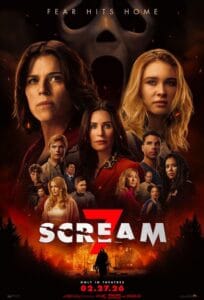 Official theatrical poster for Scream 7 featuring Neve Campbell, Courteney Cox, and the ensemble cast. The iconic Ghostface mask looms in the background with a fiery orange glow, a burning house at the bottom, and the title "SCREAM 7" in bold white and red text.