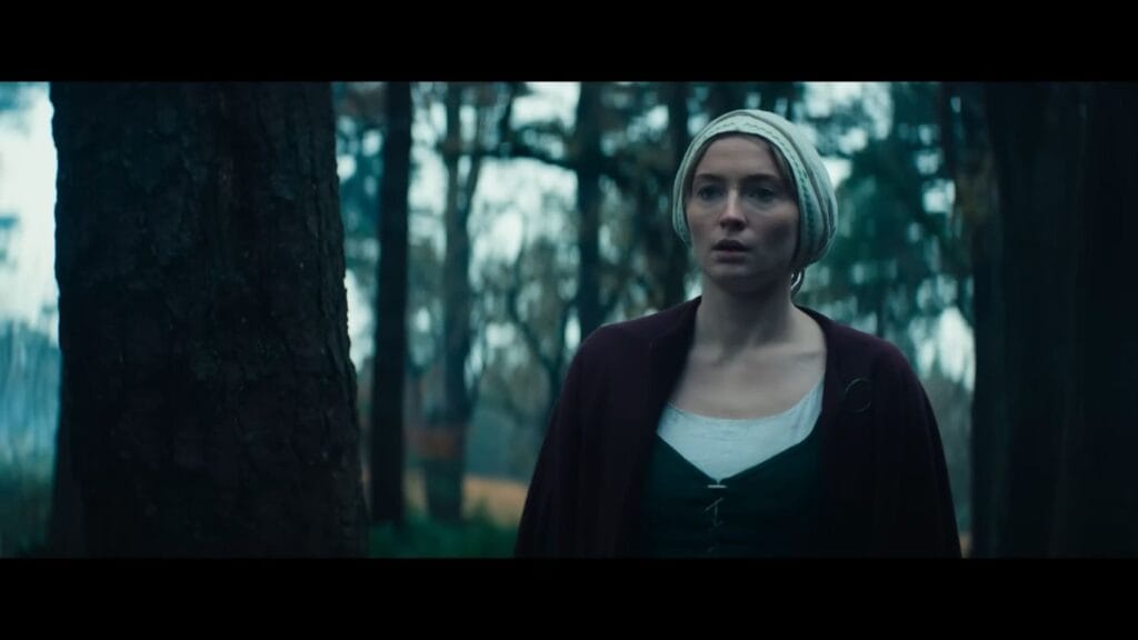 Anne (Sophie Turner) looking startled in a dark forest setting from The Dreadful 2026 film.