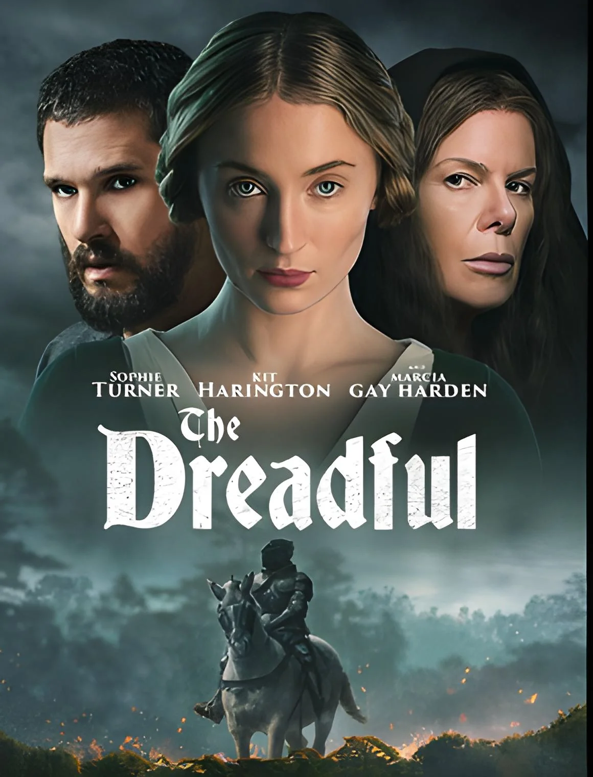 Official movie poster for The Dreadful (2026) featuring Sophie Turner, Kit Harington, and Marcia Gay Harden.