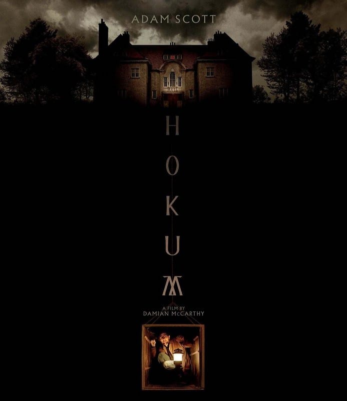 Movie poster for Hokum featuring Adam Scott as Ohm Bauman above a dark, silhouetted hotel.