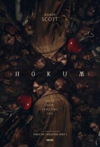 Movie poster for the horror film Hokum featuring Adam Scott surrounded by a mass of eerie faces.