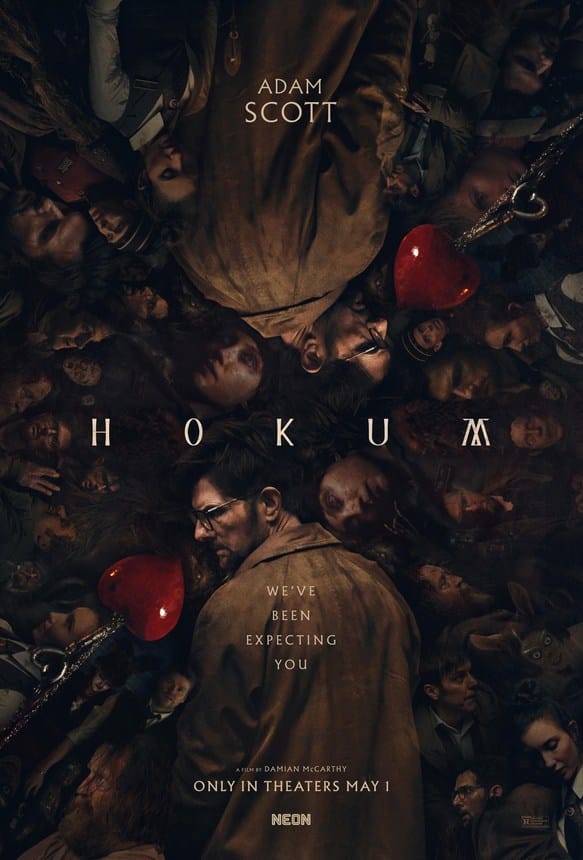 Movie poster for the horror film Hokum featuring Adam Scott surrounded by a mass of eerie faces.