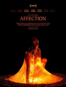 Official movie poster for Affection (2026) showing a woman screaming in agony while trapped inside a glowing, translucent amber embryonic sac against a black background.
