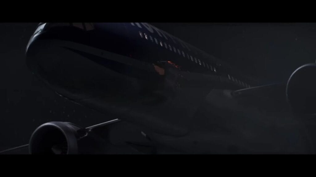 A low-angle cinematic shot of a large commercial airplane flying through a dark, foggy night sky right before a crash landing.