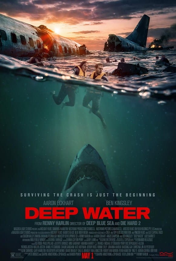 Official movie poster for the survival disaster film Deep Water (2026) showing a split-screen ocean view with a broken airplane fuselage on the surface and a massive great white shark swimming up from below toward swimming survivors.