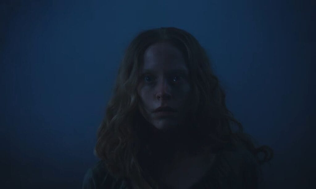 A moody, dark blue-toned portrait of a long-haired woman staring blankly into the camera from out of dense fog or shadow.