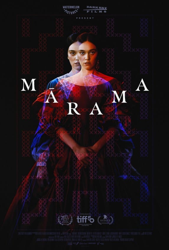 Official movie poster for the Māori Gothic horror film Mārama (2025) showing a double-exposure portrait of a woman in a deep red Victorian lace dress against a dark patterned background.