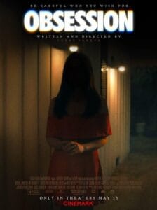 Official movie poster for Curry Barker's thriller Obsession featuring a dark silhouette of a woman in a red off-the-shoulder dress standing under dim outdoor lights.