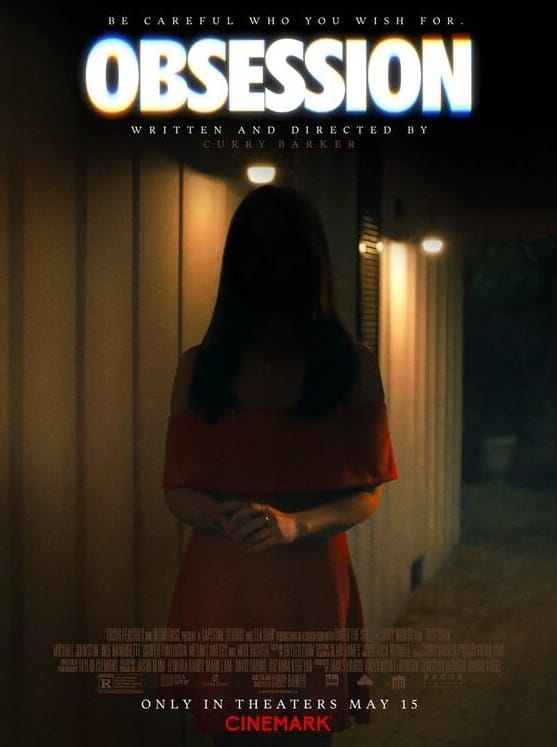 Official movie poster for Curry Barker's thriller Obsession featuring a dark silhouette of a woman in a red off-the-shoulder dress standing under dim outdoor lights.