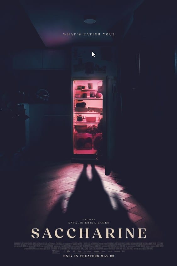 Official movie poster for the horror film Saccharine (2026) showing a dark kitchen where an open refrigerator glows with an ominous pink light, casting a long, monstrous shadow across the floor.