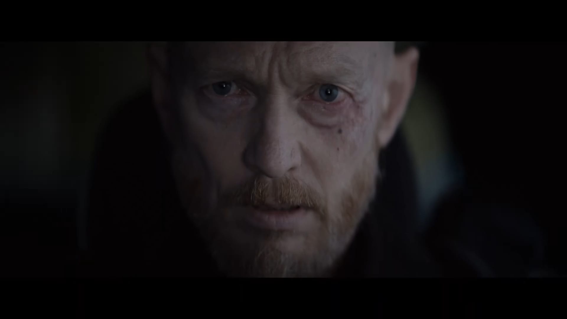 A dramatic close-up shot of a middle-aged man with a beard looking forward with an intense, troubled expression in Evil Dead Burn.