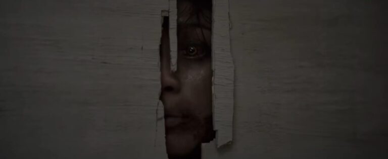 A terrifying close-up shot of a possessed Deadite with glowing eyes peering through a crack in a broken wooden door in Evil Dead Burn.