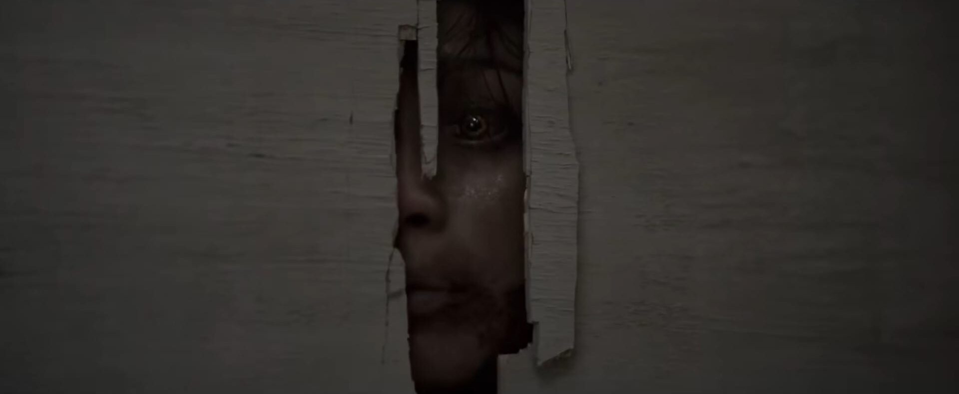 A terrifying close-up shot of a possessed Deadite with glowing eyes peering through a crack in a broken wooden door in Evil Dead Burn.