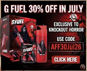 A banner image offering Knockout Horror readers 30% off of G Fuel in July using code AFF30JUL26