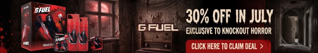 A banner image offering Knockout Horror readers 30% off of G Fuel in July