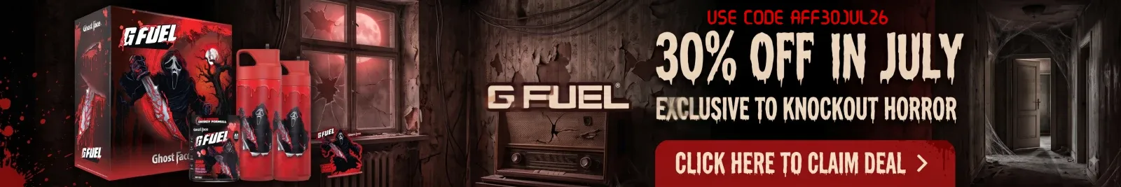 A banner image offering Knockout Horror readers 30% off of G Fuel in July using code AFF30JUL26