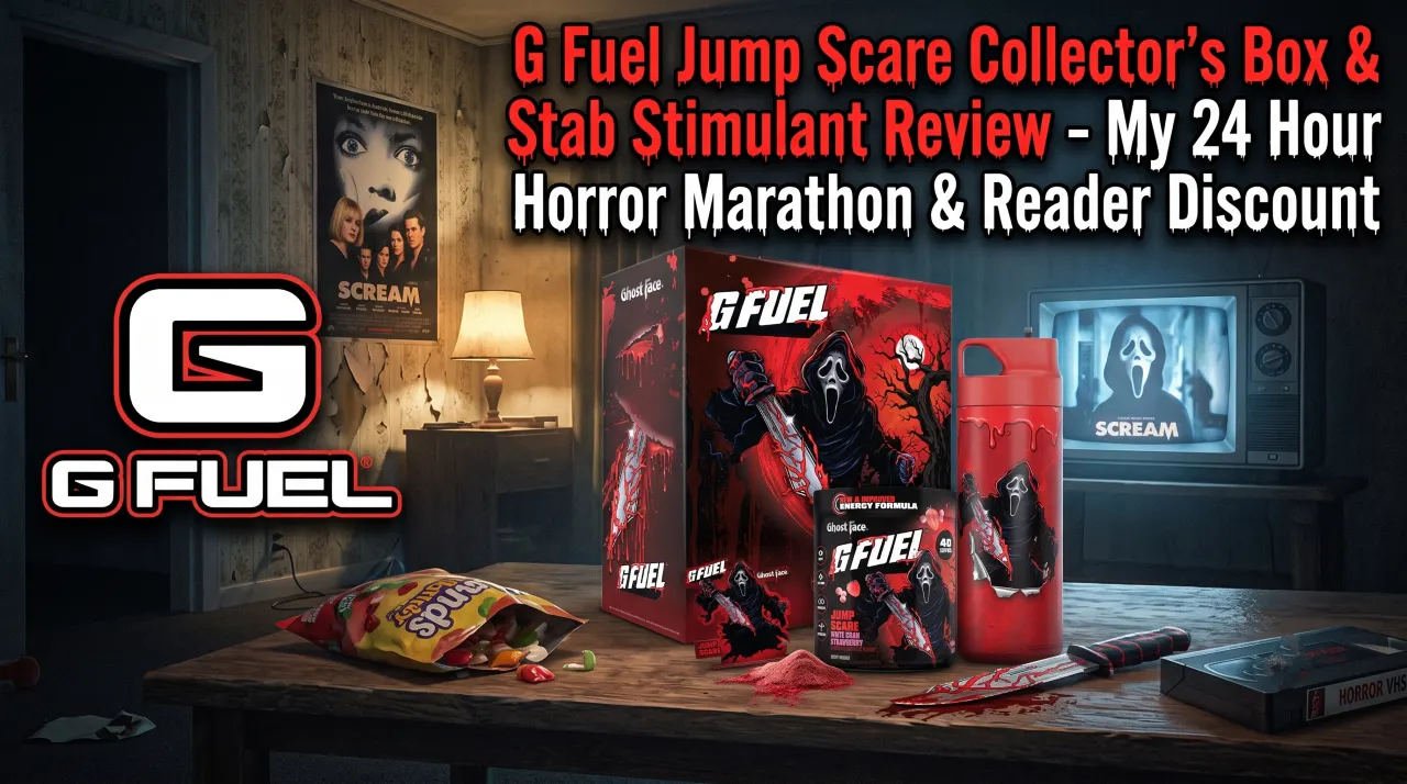 G Fuel Scream Jump Scare Collector's Box and accessories on a table in a dimly lit, horror-themed room.