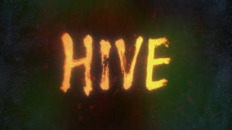 The official glowing, yellow title card for the horror film Hive emblazoned across a dark, textured green background.