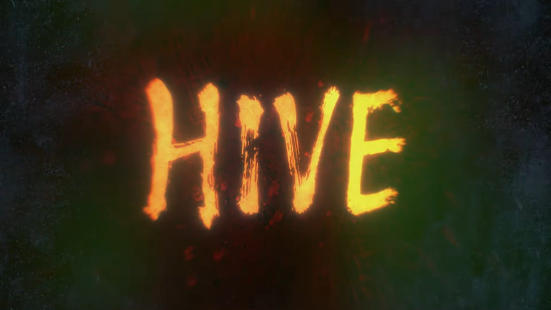 The official glowing, yellow title card for the horror film Hive emblazoned across a dark, textured green background.