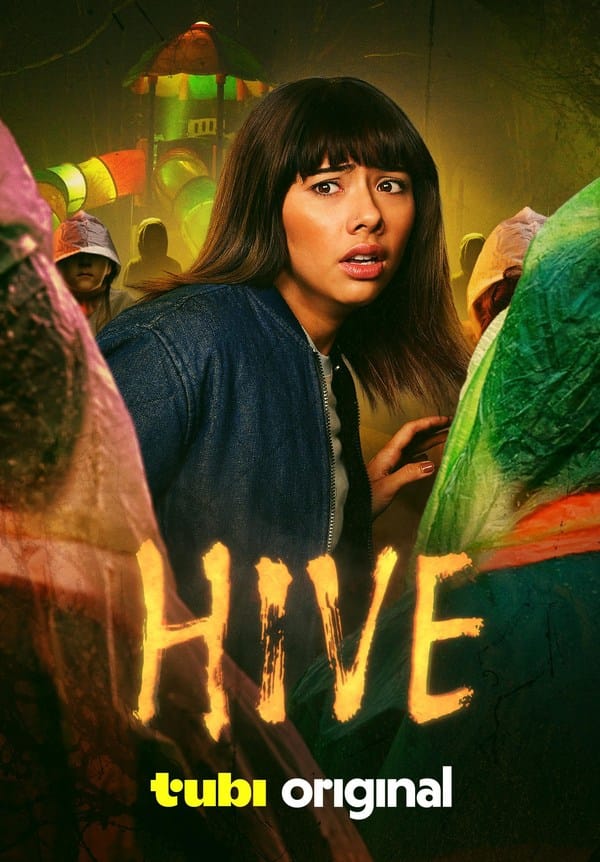 Official movie poster for the Tubi original horror film Hive (2026) featuring actress Xochitl Gomez looking terrified in a playground setting surrounded by eerie hooded figures.