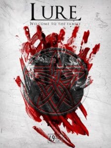 Official movie poster for the British horror movie Lure showing a black circular symbol stamped over bloody handprints and red paint splatters on a white textured background.