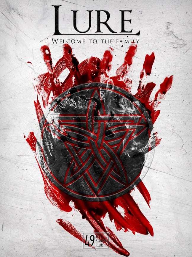 Official movie poster for the British horror movie Lure showing a black circular symbol stamped over bloody handprints and red paint splatters on a white textured background.