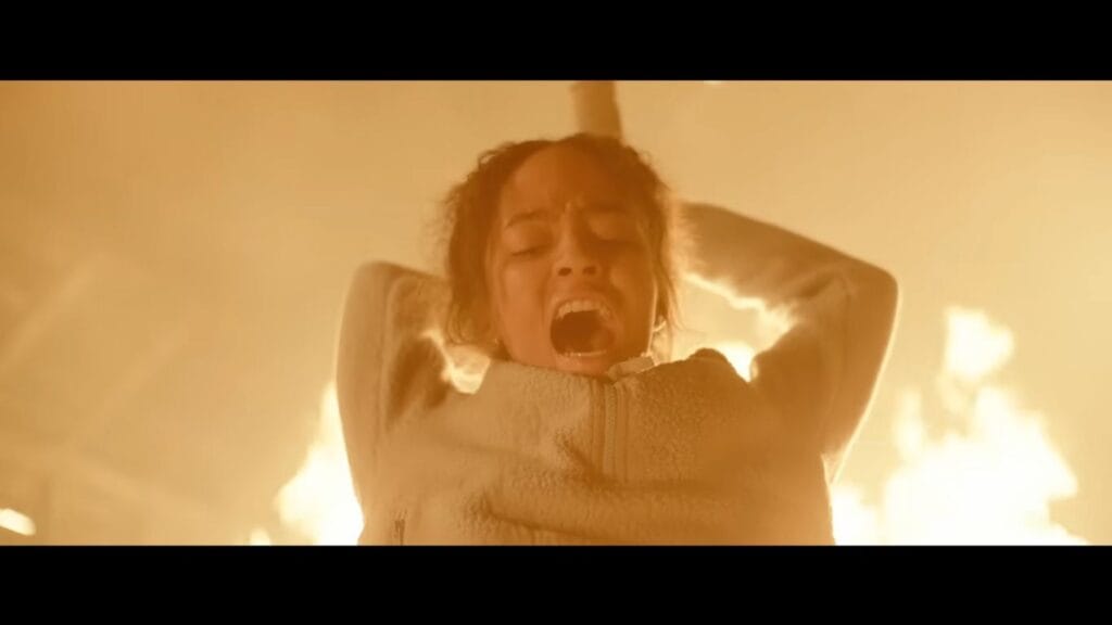 A close-up dramatic shot of a woman with her arms raised, screaming in absolute terror against a bright, roaring background of fire in the thriller Passenger.