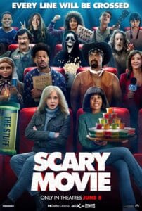 Official movie poster for Scary Movie featuring Anna Faris, Regina Hall, Shawn Wayans, Marlon Wayans, and the ensemble cast sitting in a cinema under the tagline Every Line Will Be Crossed.