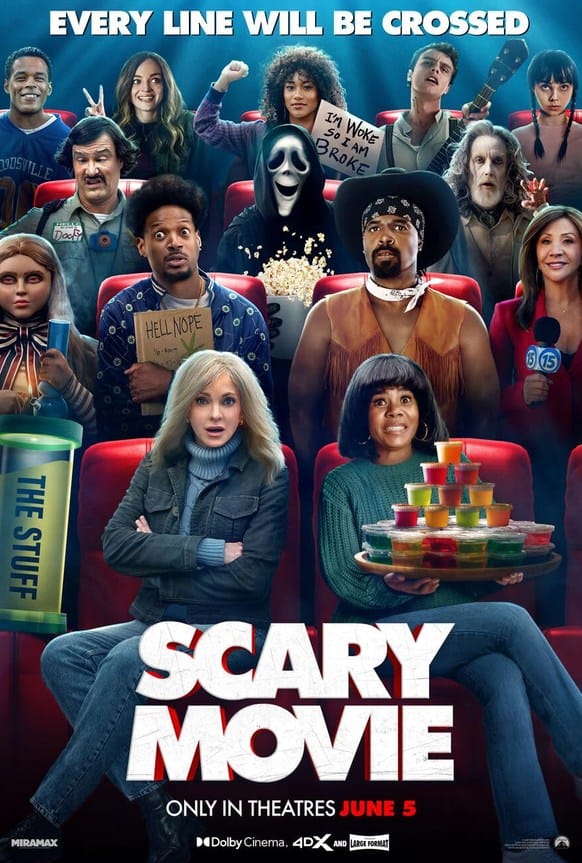 Official movie poster for Scary Movie featuring Anna Faris, Regina Hall, Shawn Wayans, Marlon Wayans, and the ensemble cast sitting in a cinema under the tagline Every Line Will Be Crossed.