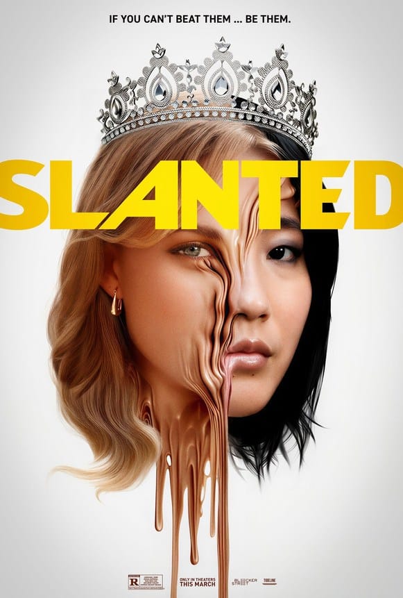 Official theatrical movie poster for Slanted (2026) featuring a surreal, melting split-face composition of a blonde girl and an East Asian girl wearing a silver prom queen crown under the tagline If You Can't Beat Them... Be Them.
