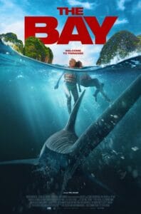 Official movie poster for The Bay featuring two women floating at the water's surface as a massive, menacing tiger shark circles directly beneath them.