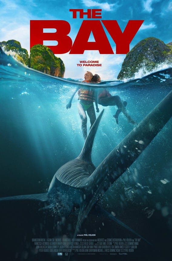 Official movie poster for The Bay featuring two women floating at the water's surface as a massive, menacing tiger shark circles directly beneath them.