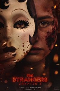 Official theatrical movie poster for The Strangers: Chapter 3 featuring a close-up split-face image of a blood-spattered Madelaine Petsch holding up a blood-speckled Pin-Up Girl mask.