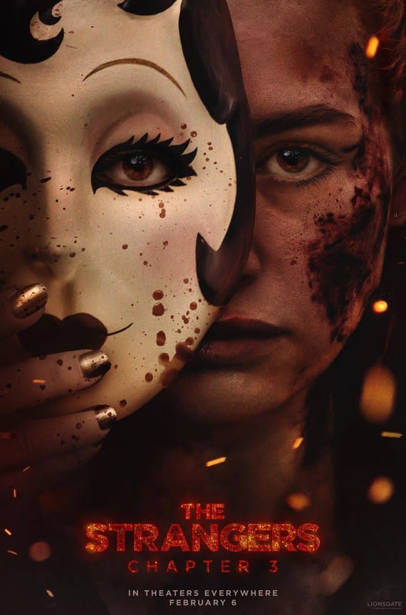 Official theatrical movie poster for The Strangers: Chapter 3 featuring a close-up split-face image of a blood-spattered Madelaine Petsch holding up a blood-speckled Pin-Up Girl mask.